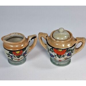 Vintage Japanese Lusterware Mini Sugar Creamer Set Hand Painted Floral Toy Doll
